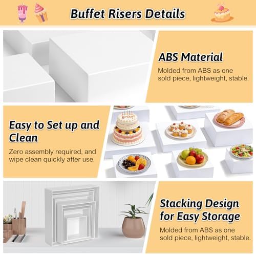 8 Pieces Large Buffet Risers with Label Stands, Serving Tong and Markers for Party, Display Stands for Jewelry, alternate