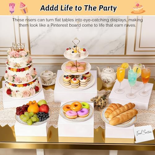 8 Pieces Large Buffet Risers with Label Stands, Serving Tong and Markers for Party, Display Stands for Jewelry, alternate