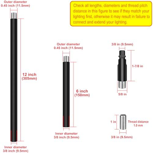8 Pieces M10 Threaded Extension Poles Lighting Fixture Downrods Stems & 180 Degrees Sloped Ceiling Adapter Kits, alternate