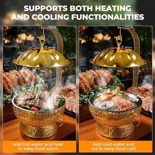 8 Quart Gold Chafing Dishes Set for Buffet, Round Stainless Steel Chafing Dish Set Buffet and Warmers Set, alternate view 2