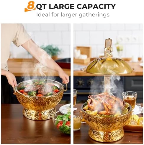 8 Quart Gold Chafing Dishes Set for Buffet, Round Stainless Steel Chafing Dish Set Buffet and Warmers Set, alternate view 3