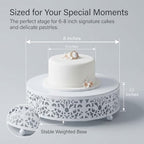 8" Round Lace White Metal Cake Stand, Small Dessert & Cupcake Pedestal for Party Decorations in White, alternate view 2