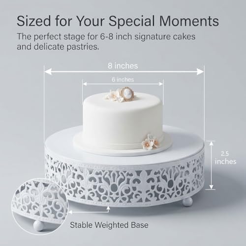 8" Round Lace White Metal Cake Stand, Small Dessert & Cupcake Pedestal for Party Decorations in White, alternate view 2