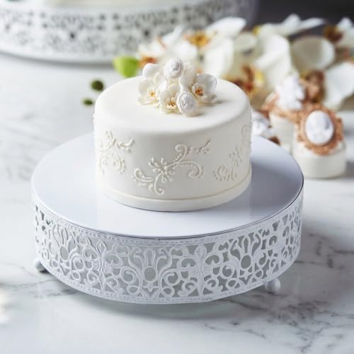 8" Round Lace White Metal Cake Stand, Small Dessert & Cupcake Pedestal for Party Decorations in White, alternate view 3