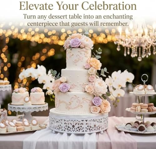 8" Round Lace White Metal Cake Stand, Small Dessert & Cupcake Pedestal for Party Decorations in White, alternate view 5