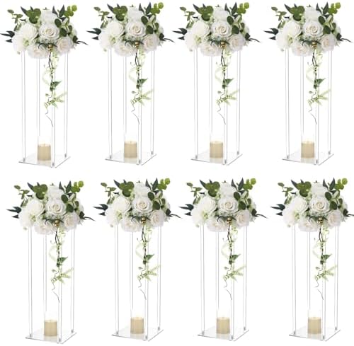 8 Set Acrylic Vases for Wedding Centerpieces with LED Candles in White