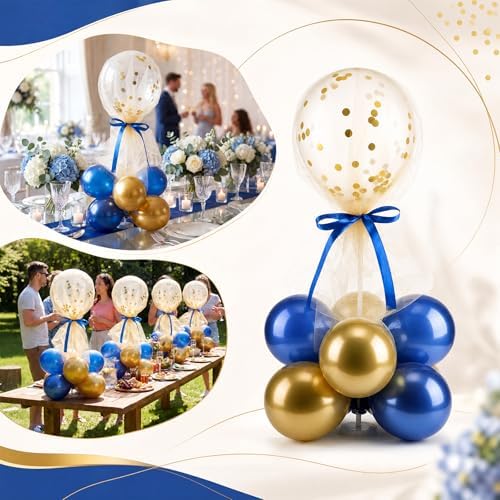 8 Set Blue Gold Balloon Centerpieces for Table, Balloons Stand Kit with Base Tulle for Wedding Birthday Grad, alternate view