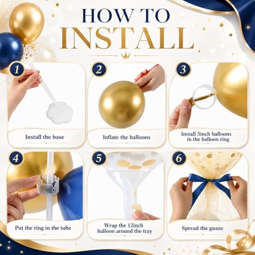 8 Set Blue Gold Balloon Centerpieces for Table, Balloons Stand Kit with Base Tulle for Wedding Birthday Grad, alternate view