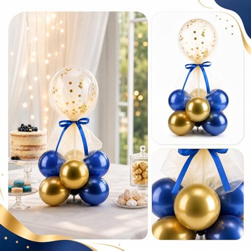 8 Set Blue Gold Balloon Centerpieces for Table, Balloons Stand Kit with Base Tulle for Wedding Birthday Grad, alternate view