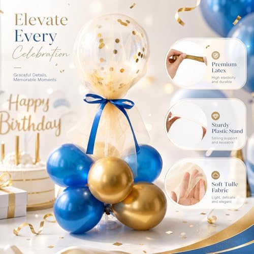 8 Set Blue Gold Balloon Centerpieces for Table, Balloons Stand Kit with Base Tulle for Wedding Birthday Grad, alternate view
