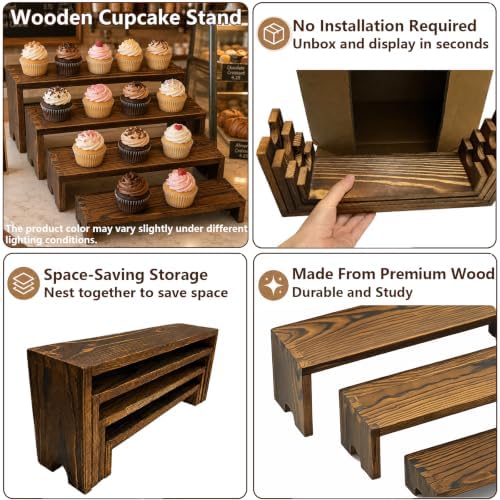8 Set Wooden Tiered Display Stands, 4-Tier Cupcake Stand for Vendor Events in Walnut color, alternate view 4