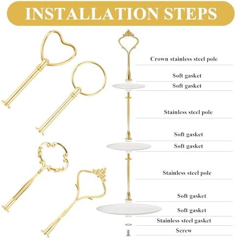 8 Sets 3 Tier Cake Stand Hardware Kit, Heavy Metal Gold Tiered Tray Plate Hardware Fittings, 4 Shapes Cake Tier, alternate