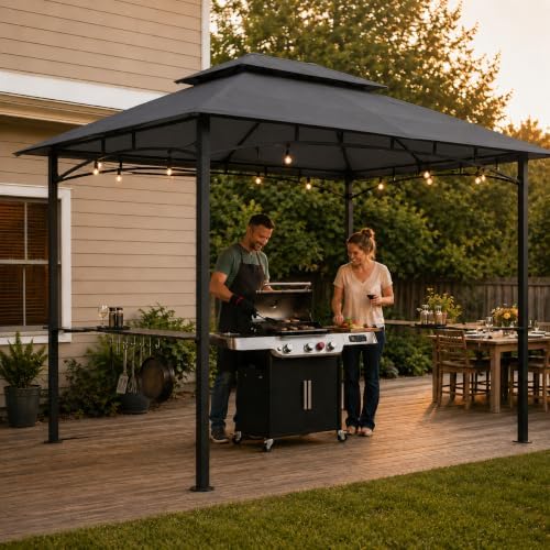 8 x 5 ft Outdoor Gazebo Canopy, Polyester Fabric Iron Frame, Dark Gray, Easy Setup Shelter for Backyard Camping