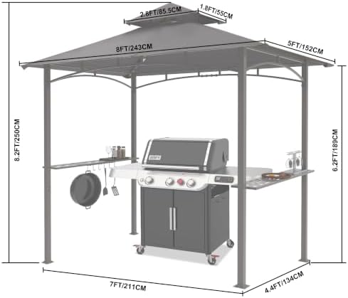 8 x 5 Grill Gazebo Outdoor BBQ Gazebo Canopy with 2 LED Lights (Dark Gray) in Dark Gray, alternate view 3