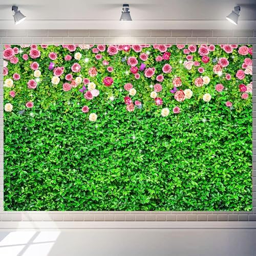 8 x 6 ft Green Leaf Flower Wall Background Large Green Grass Wall Backdrop Birthday Banner for Woman Men, alternate view 2