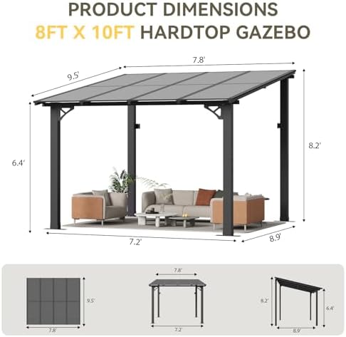 8’x10’ Gazebo for Patio, Pergola with Telescopic Support Post, Black in Black, alternate view 2