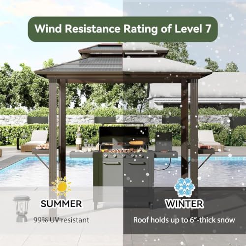 8'x5' Grill Gazebo with Polycarbonate Double Roof, Brown in Brown, alternate view 4