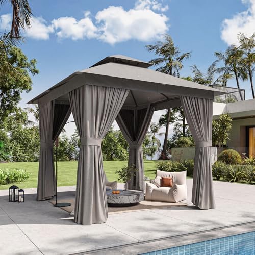 8'x8' Gazebo, Metal Frame Canopy with Double Roofs, Grey in Grey