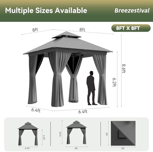 8'x8' Gazebo, Metal Frame Canopy with Double Roofs, Grey in Grey, alternate view 2
