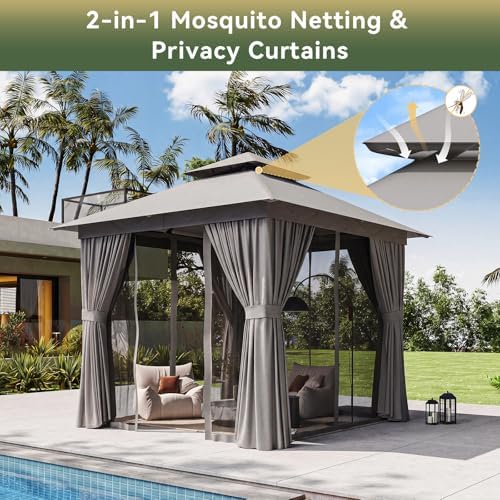 8'x8' Gazebo, Metal Frame Canopy with Double Roofs, Grey in Grey, alternate view 3