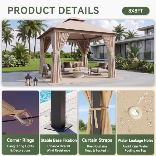 8'x8' Outdoor Gazebo with Curtain & Mosquito Netting, Beige in Beige, alternate view 3