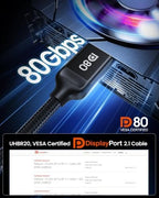 80Gbps DisplayPort Cable 2.1 [VESA Certified] 3.3FT/1M, DP80 HDR in Black, alternate view 2