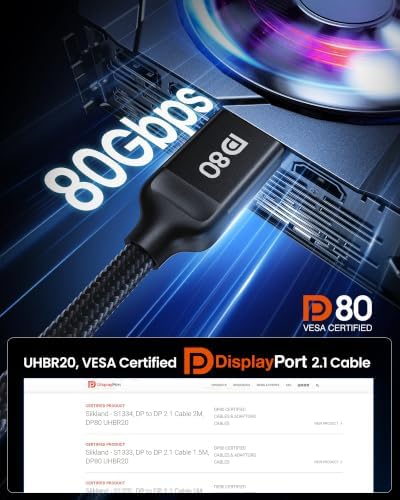 80Gbps DisplayPort Cable 2.1 [VESA Certified] 3.3FT/1M, DP80 HDR in Black, alternate view 2
