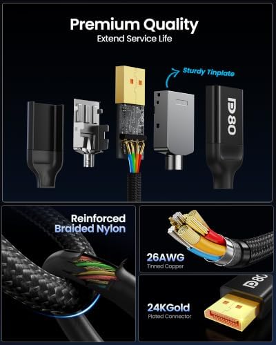 80Gbps DisplayPort Cable 2.1 [VESA Certified] 3.3FT/1M, DP80 HDR in Black, alternate view 5