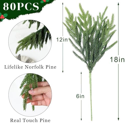 80Pcs 18"Lifelike Touch Artificial Christmas Norfolk Pine Branches for Vase, alternate view 6