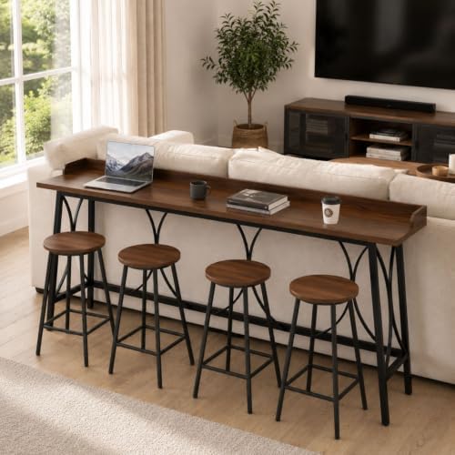 82.3" Bar Table, Counter Height Table with Back Rail, Brown in Brown