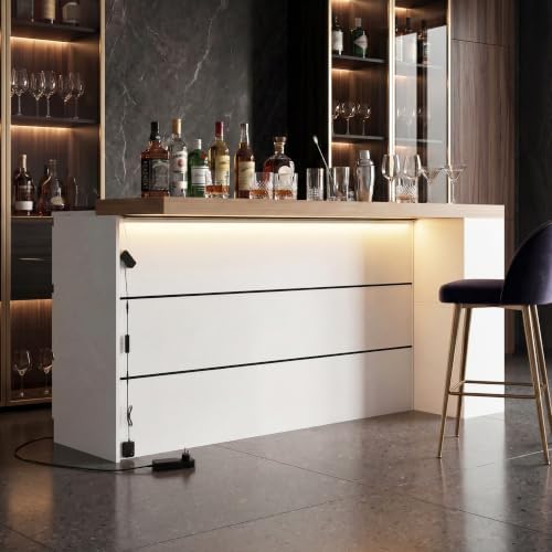 82.7" Large Bar Table Kitchen Station, Home Bar Unit with Lighting, 3 Drawers & 4 Shelves, Bar Cabinets