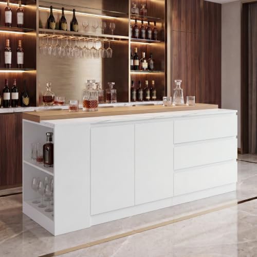 82.7" Large Bar Table Kitchen Station, Home Bar Unit with Lighting, 3 Drawers & 4 Shelves, Bar Cabinets, alternate view 3
