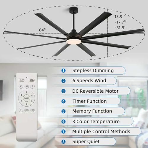84 Inch Industrial Ceiling Fans with Light, Large Ceiling Fan with 8 Reversible Aluminum Blades, 3CCT, 6-Speed, alternate