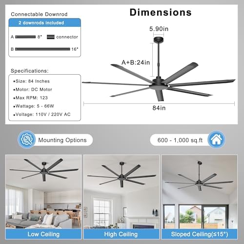 84'' Industrial Ceiling Fan No Light for Shop, Garage, Black in Black, alternate view 3