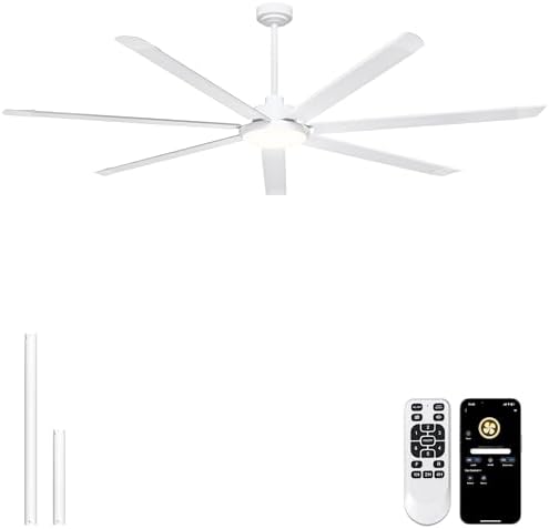 84'' Industrial Ceiling Fan with Light for Shop, Garage, White in White