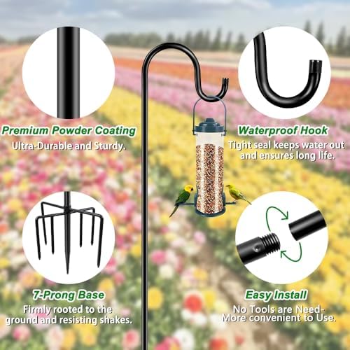 84" Shepherds Hooks for Outdoor, Heavy Duty Garden Bird Feeder Pole Hanging Bird Feeder, Solar Light Lanterns, alternate view