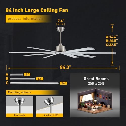 84Inch Industrial Ceiling Fan no Lights,8 Aluminum Blades, Brushed Nickel, alternate view 2