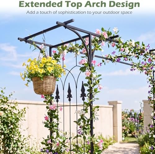 85" Metal Garden Arbor, Flat Top Arch Trellis for Climbing Plants in Black, alternate view 4