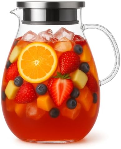 85oz Glass Pitcher with Lid - 2.5L Borosilicate Carafe for Hot and Cold Drinks, Tea, Juice, and Infused Water in