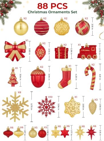 88pcs Red and Gold Christmas Ornaments Set, Christmas Tree Decorations, alternate view 2