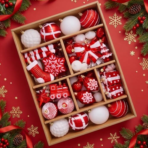 88pcs Red and White Christmas Ornaments Set, Christmas Tree Decorations