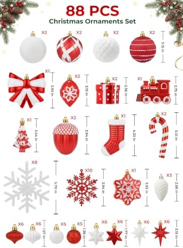 88pcs Red and White Christmas Ornaments Set, Christmas Tree Decorations, alternate view 2