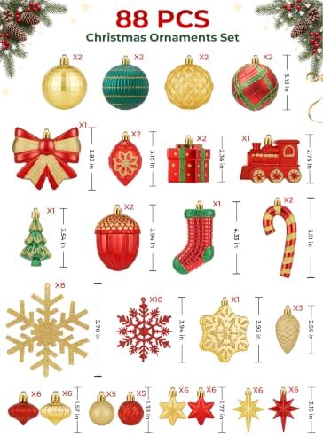 88pcs Red&Green&Gold Christmas Ornaments Set, Christmas Tree Decorations, alternate view 2