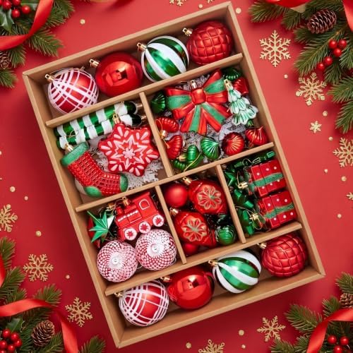 88pcs Red Green White Christmas Ornaments Set, Christmas Tree Decorations