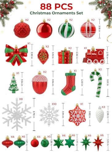 88pcs Red Green White Christmas Ornaments Set, Christmas Tree Decorations, alternate view 2