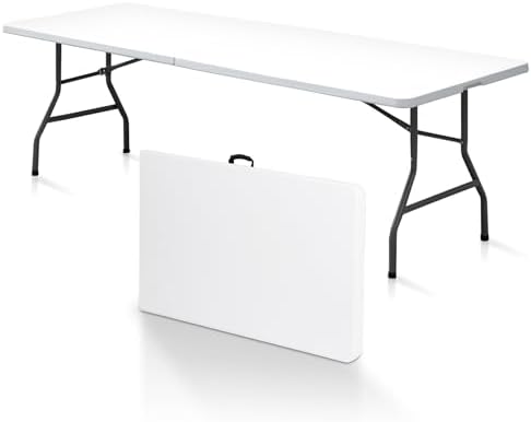 8FT Folding Picnic Table for Indoor Outdoor, Portable Fold-in-Half Plastic Dining Camping Party Table with