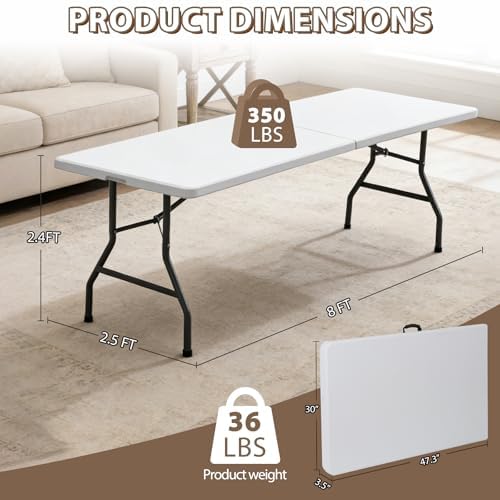 8FT Folding Picnic Table for Indoor Outdoor, Portable Fold-in-Half Plastic Dining Camping Party Table with, alternate view 3