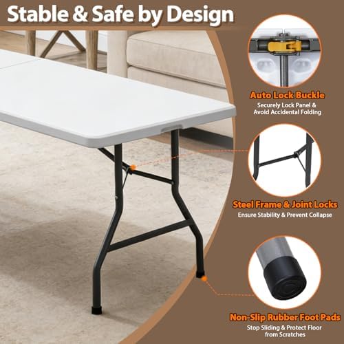 8FT Folding Picnic Table for Indoor Outdoor, Portable Fold-in-Half Plastic Dining Camping Party Table with, alternate view 4