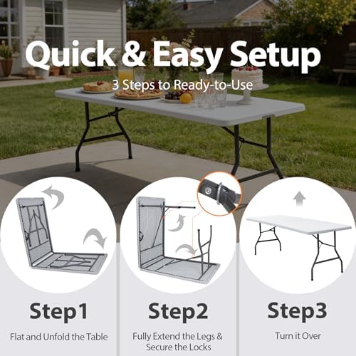 8FT Folding Picnic Table for Indoor Outdoor, Portable Fold-in-Half Plastic Dining Camping Party Table with, alternate view 6