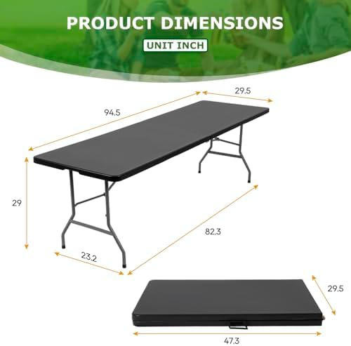 8FT Folding Table | Black | Portable Plastic Table, alternate view 3
